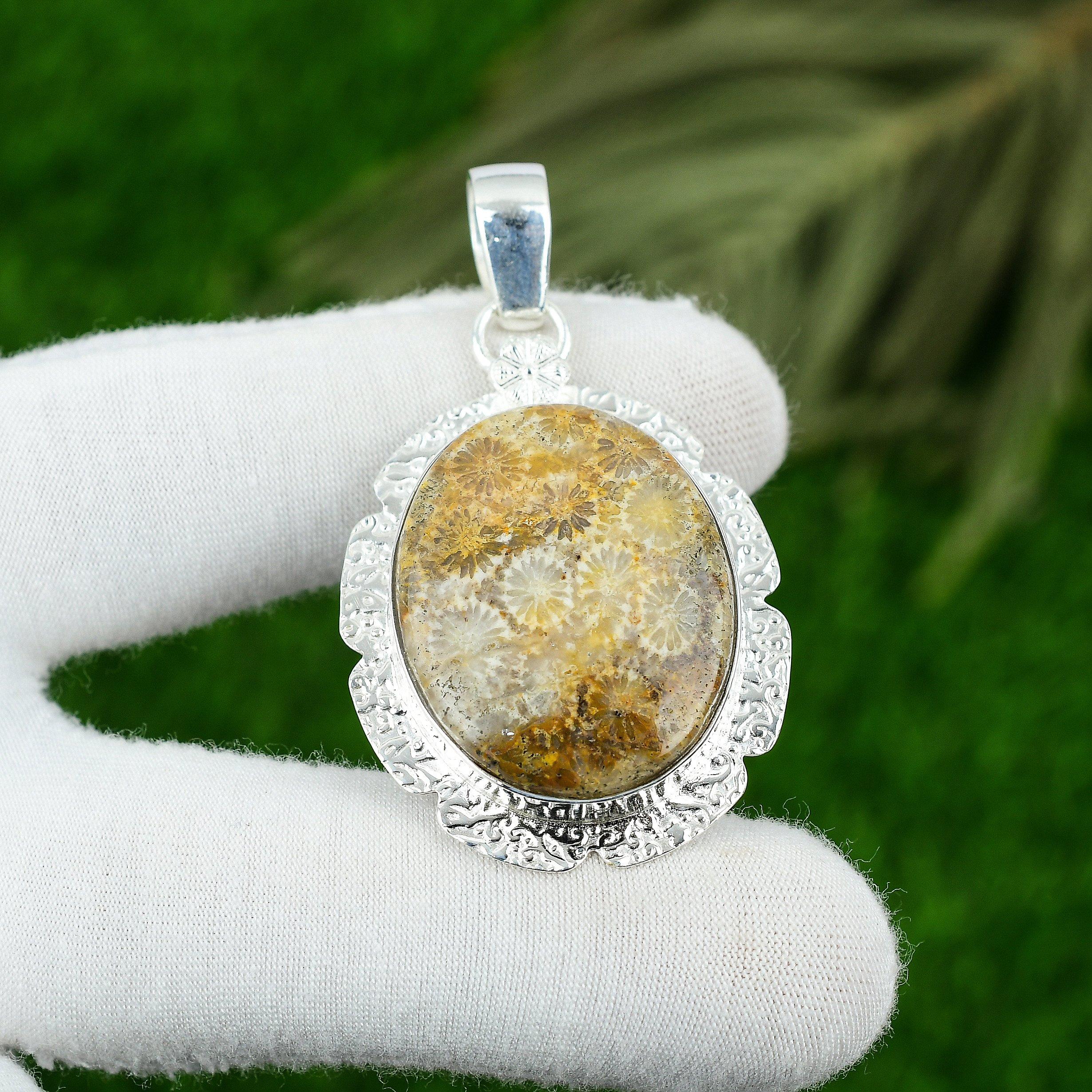 

Sterling Silver Root Chakra Fossil Coral Stone Anniversary Daughter Boho Pendant