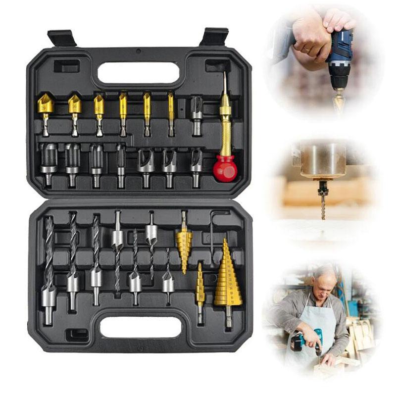 26ks Dřevoobráběcí stupňovitý vrták Tříbodová zápustná hmoždinka do dřeva Srážení hran Vrták Sada polohovačů středového razníku Nástroj na otvírání otvorů