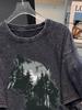 T-shirt da donna a maniche corte con stampa di lettere americane retrò effetto invecchiato Hip Hop