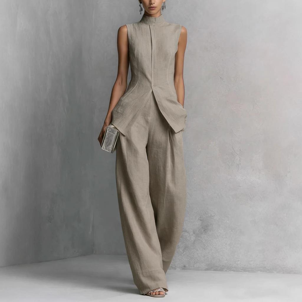 2026 European and American drape cotton and linen shirt solid color fashion temperament sleeveless trousers suit
