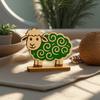 Wooden Sheep Figurine with Green Swirl Design On Stand –Cute Farm Animal Home Decor Accent for Nursery Living Room Tabletop Gift