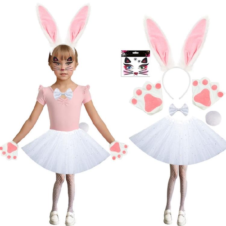 Women Girls Rabbit Ears Headband Collar Bowtie Cuff Bunnies Tail Easter Bunnies Costume Set for Halloween Cosplay Party