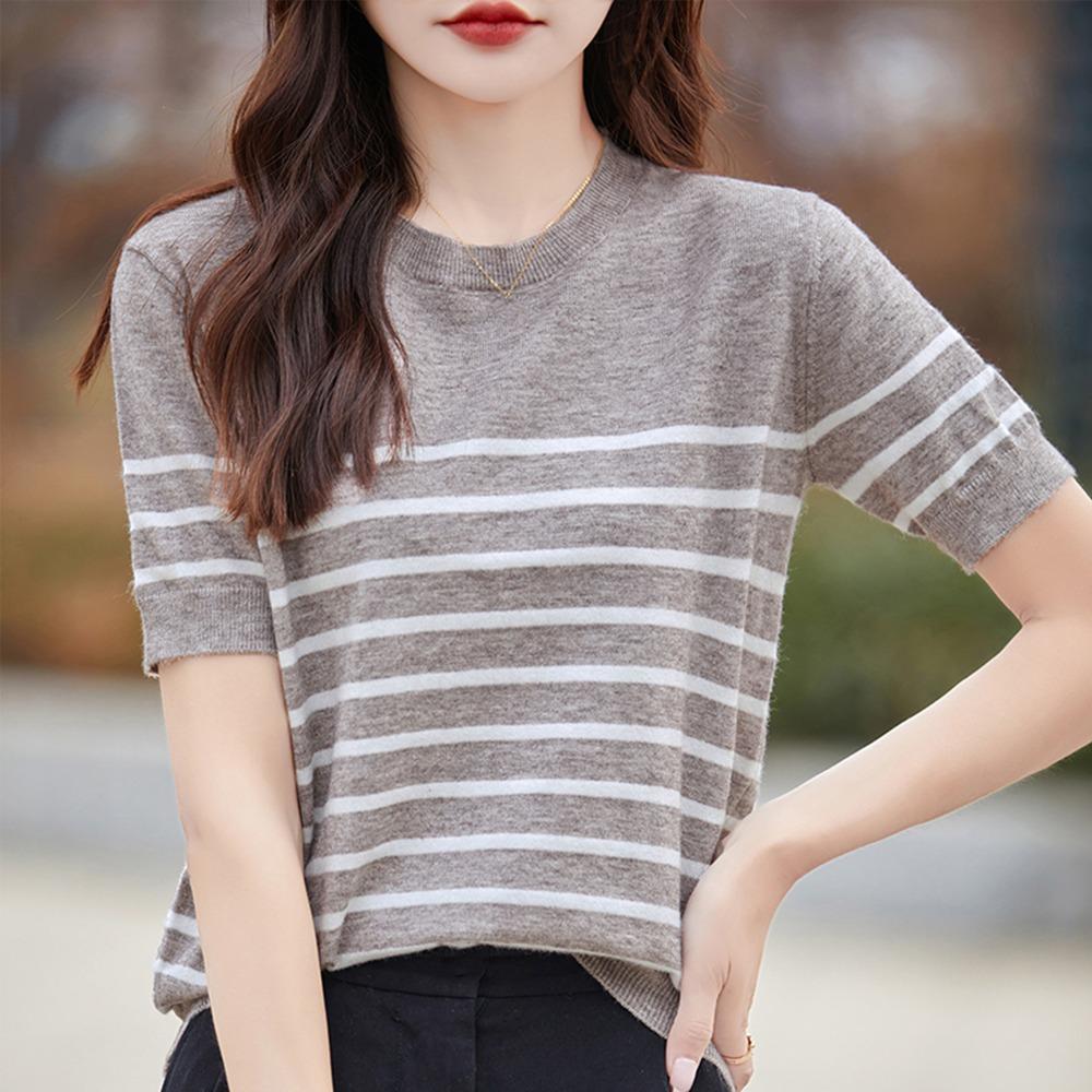 Short-sleeved Women's Summer O-neck Striped Casual Thin Pullover Women Korean Fashion Blouse Girls