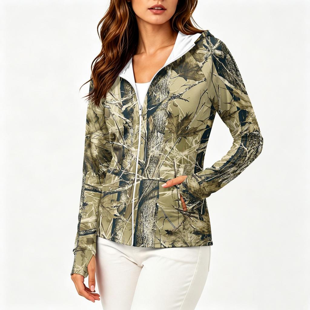 Chaqueta Ligera con Cremallera y Capucha para Mujer con Bolsillos de Manga Larga Estampada Protección Solar Ropa de Abrigo para Actividades al Aire Libre