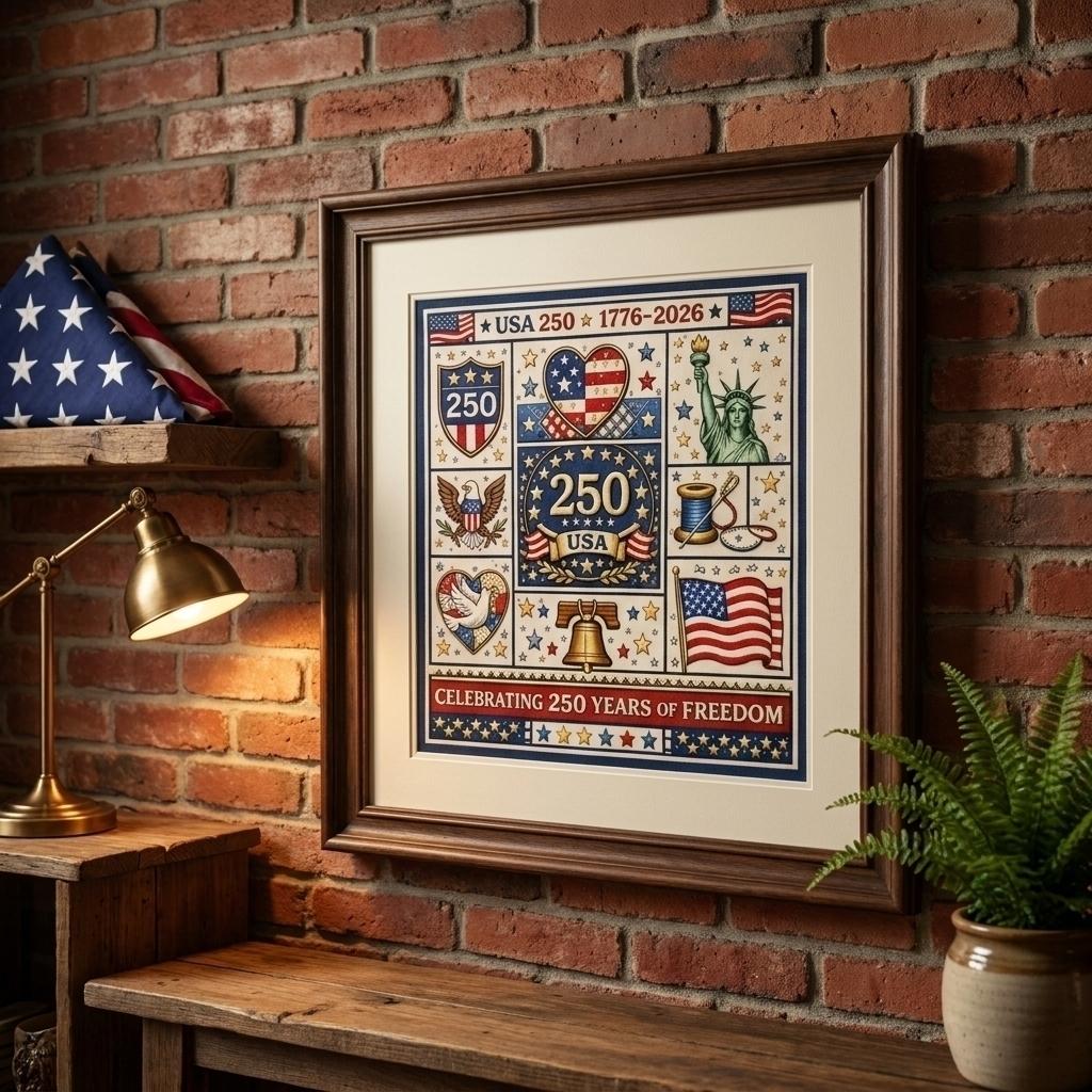 USA 250 Years Freedom Embroidery Kit with Preprinted Fabric Thread Needles and Pattern for Craft Projects
