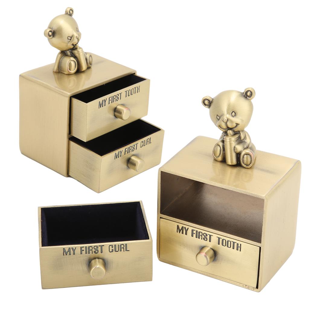 Tooth Box Metal Cute BearShape Storage Case with 2 Drawers for Children Growth Memorial Gift Jewelry Collection(Green Patina )