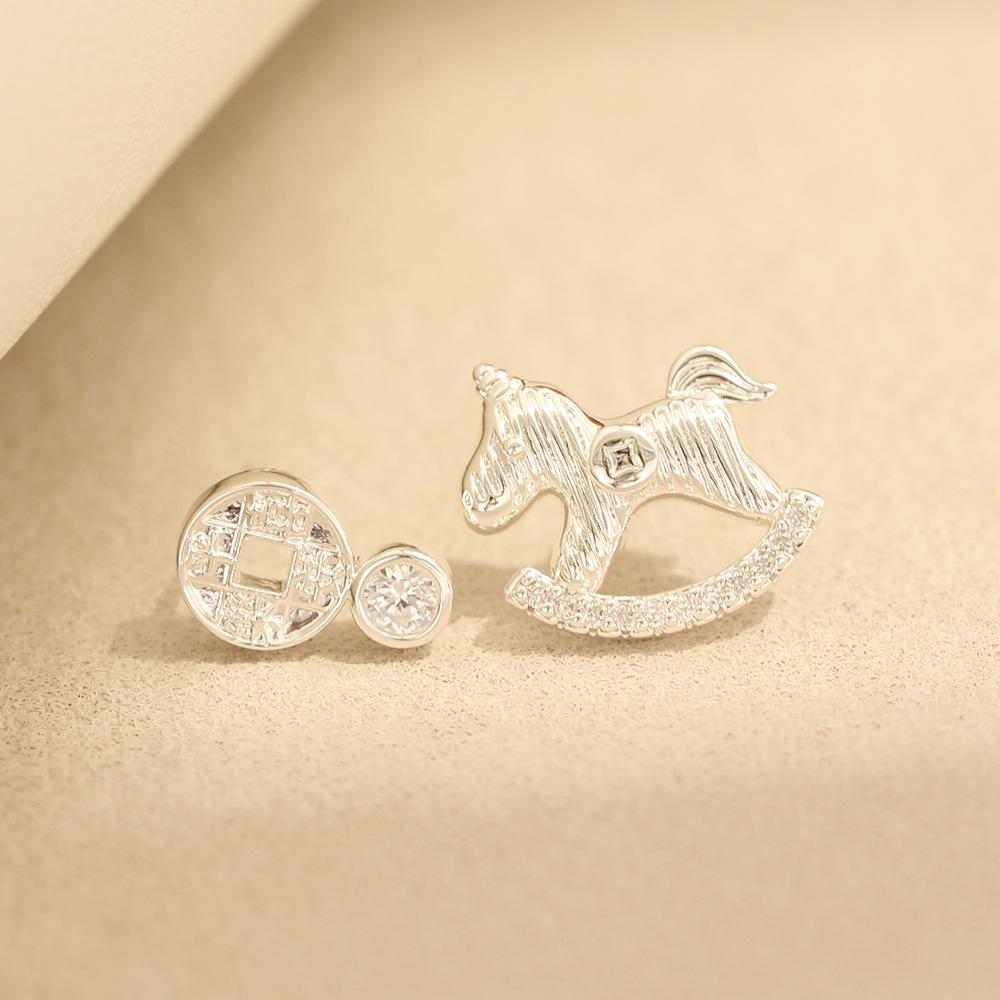 New cute diamond-set asymmetrical immediately rich earrings silver-plated 925 silver needle animal zodiac stud earrings women