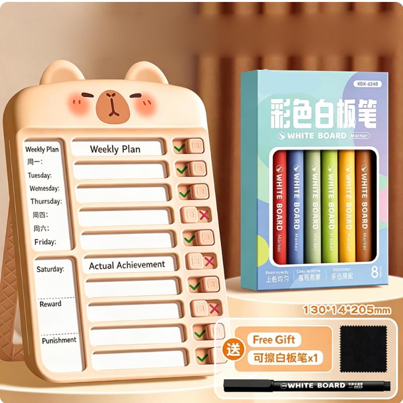 Cartoon Kids Habit Tracker with 8 Dry Erase Markers, Erasable Whiteboard for Study Schedule & Time Management
