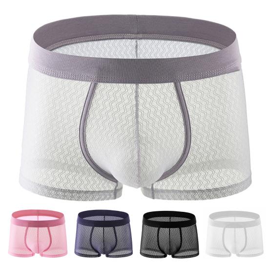 Men Boxer Underwear Summer Mid-rise Solid Color Ice Silk Thin Shorts Briefs Quick-Drying Sexy Panties Daily