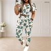 Women Plus Size White Purple Printed Round Neck Short Sleeve Top Drawstring Cuffed Pocket Pants Two Piece Set