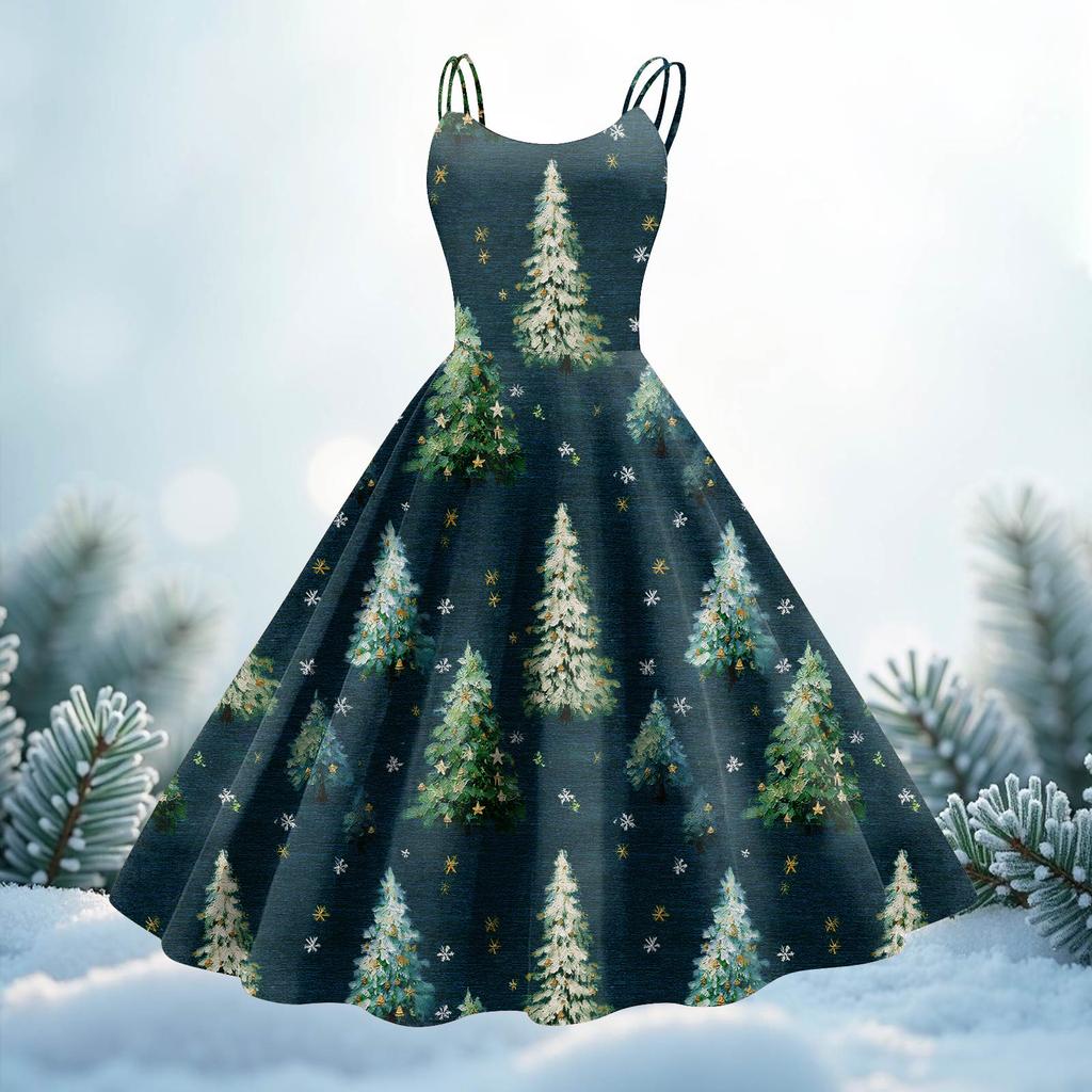 Women's Christmas Print Casual Fashion Round Neck Mid-Length Dress