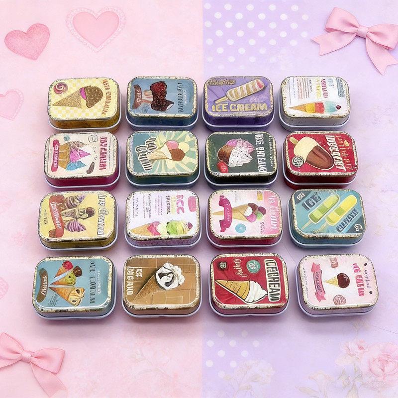 Retro Metal Storage Tin Box Ice Cream Pattern Sealed Lid Durable Small Organizer for Jewelry Rings Craft Small Parts