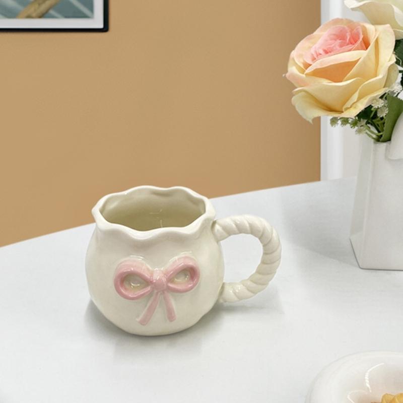 Delicate Ceramic Coffee Mug With Bows Portable Elegant Office Drinkware Dishwasher Safe Tableware Kitchen Tool