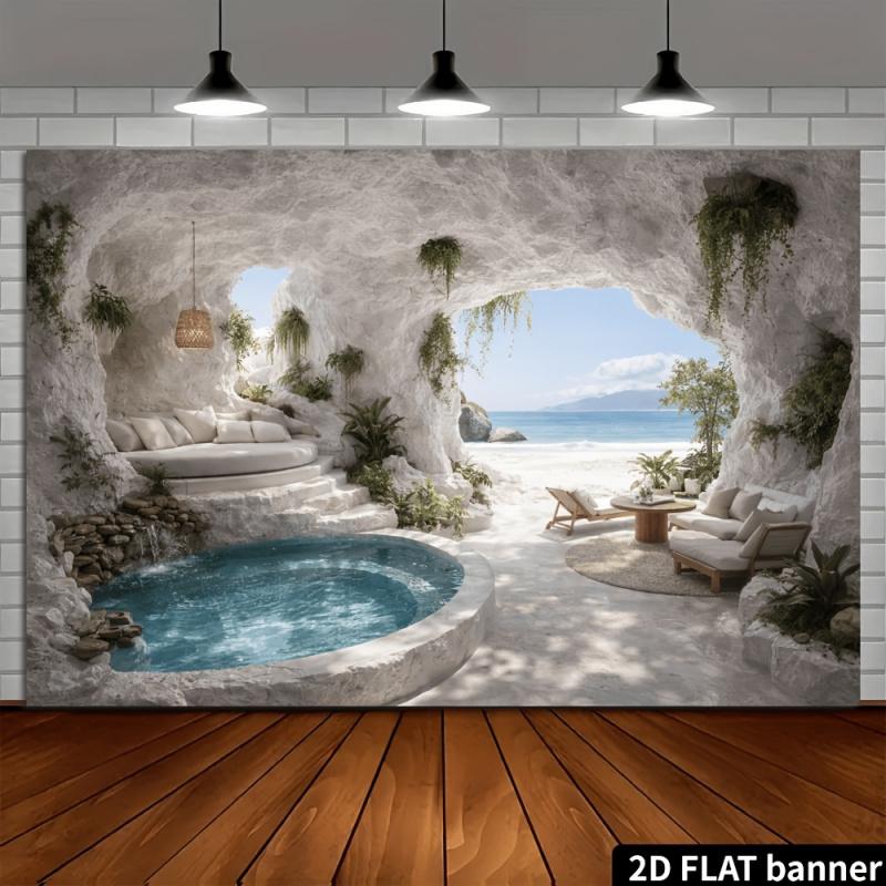 2D flat white cave-themed seascape backdrop suitable for living rooms bedrooms live streaming studios and guesthouse