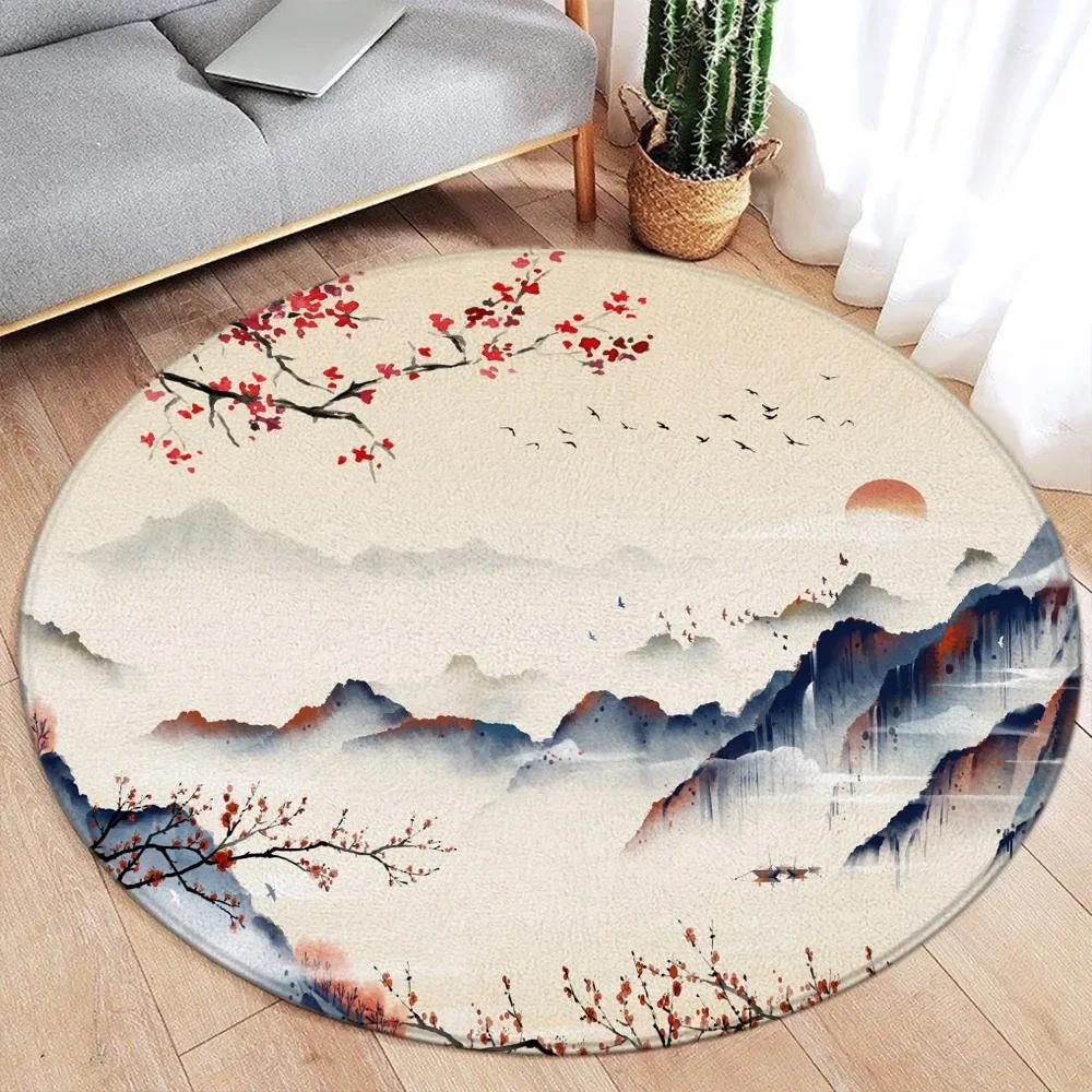 Round Rug – Koi Lotus Cherry Blossom Ink Art Carpet for Living Room Bedroom Home Decor