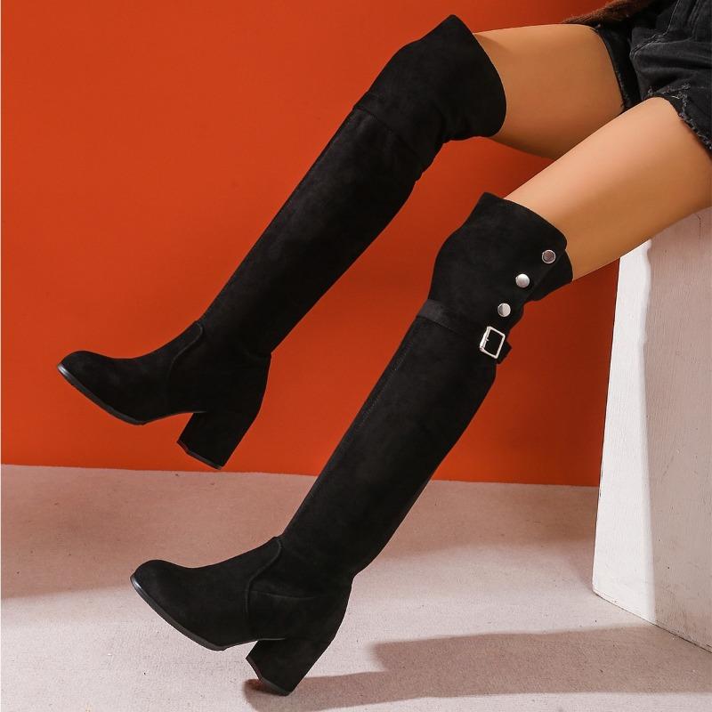 

Cow Suede Solid Buckle Modern Boots Over-the-knee Slip-on Women s Shoes on Sale 2025 Fashion Slip-on Mid Heel Women s Boots 42 чёрный