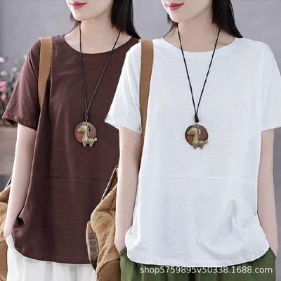 Summer   Korean Large Women's Clothing Short Sleeve Round Neck Tee T-shirt Loose Versatile Solid Color Vintage Tops