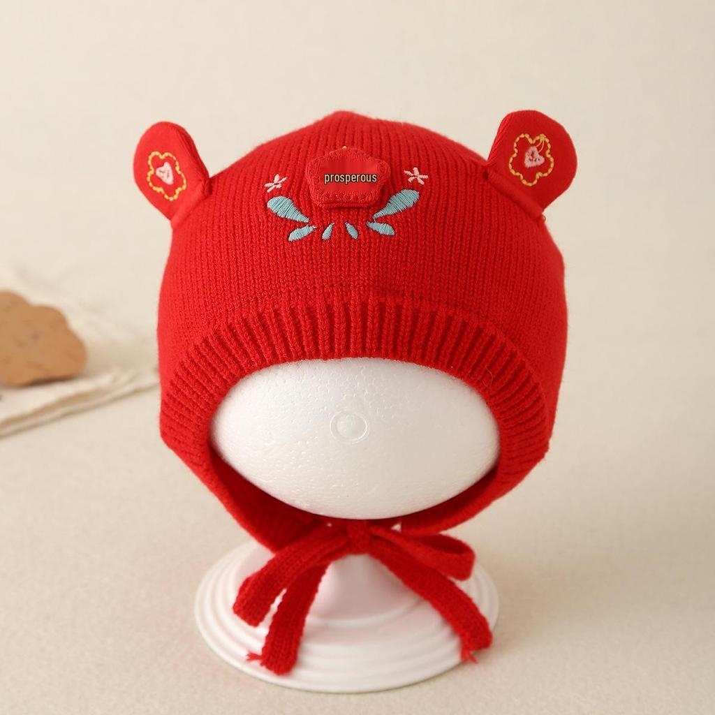 Unisex Baby Red Knitted Wool Hat with Ear Protection - Festive National Tide Style, Warm for Winter & New Year