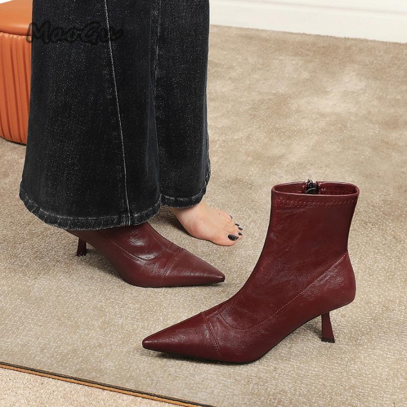 Fashion High Heel Women's Ankle Boots Soft Leather Suede Elegant Office Ladies Short Boots Bota Feminina Size 35-39 Pointed Toe Botines