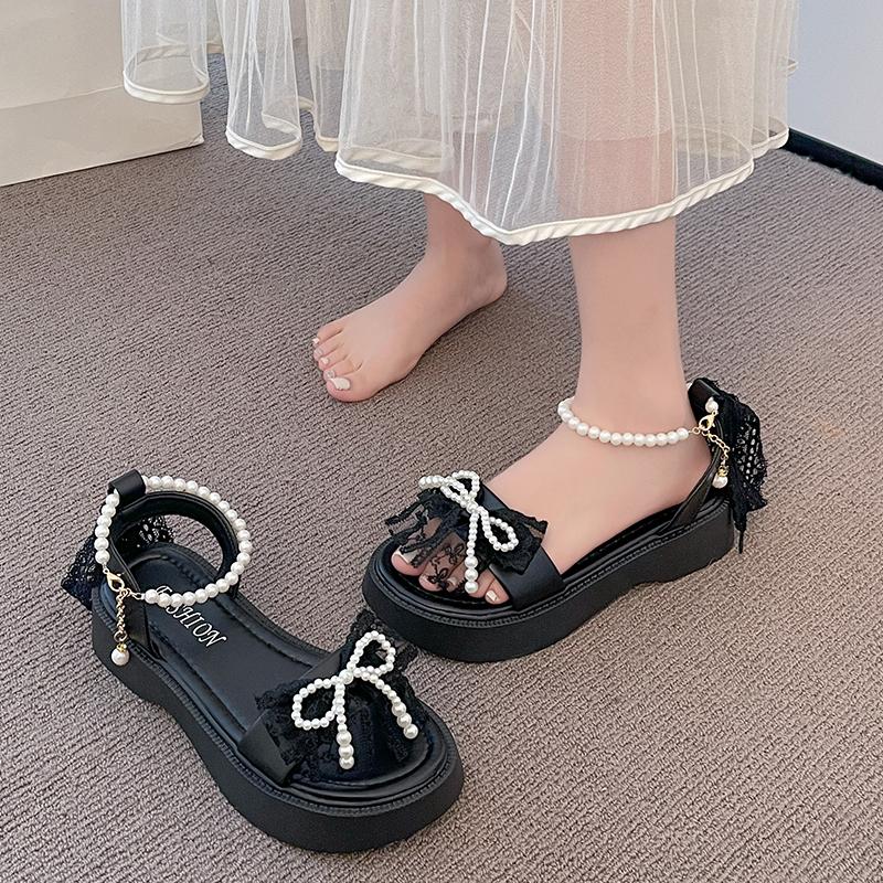 2025 Summer New Women Bow Pearl Sandals Women's Sandals Fashion Peep Toe Platform Casual Slippers for Women Plus Size Sandals