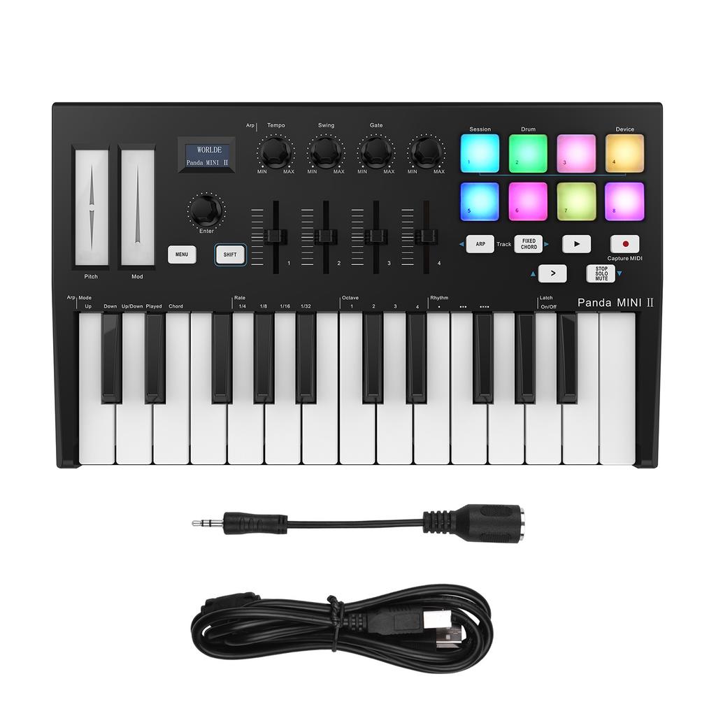 WORLDE Panda MINI II Portable 25 Key USB MIDI Keyboard Controller with 8 RGB Backlit Trigger Pads 4 Assignable Control