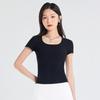 2025 Summer Slim Fit Women's Square Neck T-Shirt - Solid Color, Short Sleeves, Exposed Clavicle, Cotton Blend