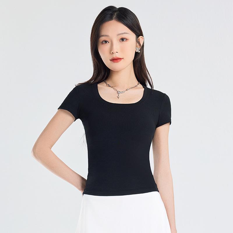 2025 Summer Slim Fit Women's Square Neck T-Shirt - Solid Color, Short Sleeves, Exposed Clavicle, Cotton Blend
