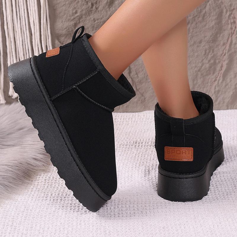 Women Winter Large Size Round Toe Thick Sole Snow Boots Casual Short Tube Velvet Fur Warm Cotton Shoes Solid Color 36-41