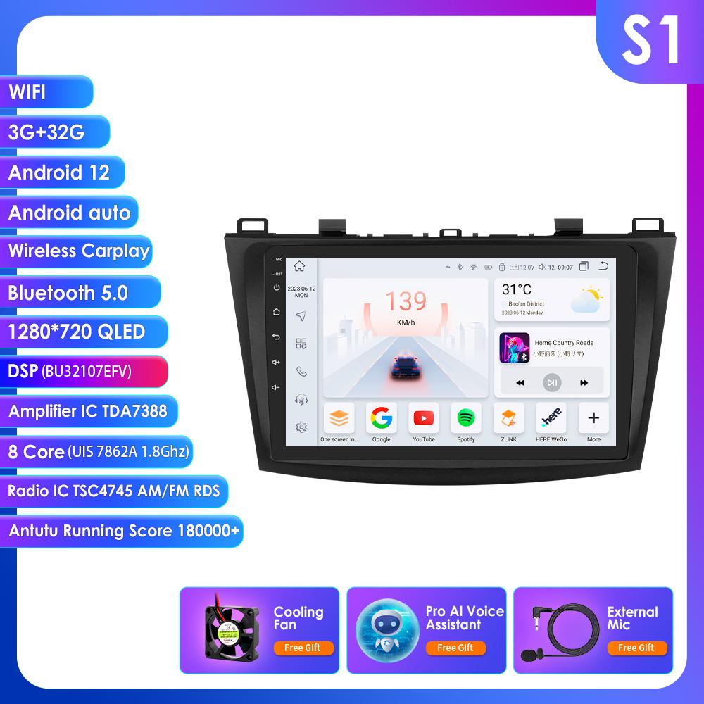 OSSURET 9" Android 14 UIS7862 Carplay Screen for Mazda 3 2010 - 2013 Car Radio Automotive Multimedia GPS Intelligent Navigation BT RDS DSP Octa Core