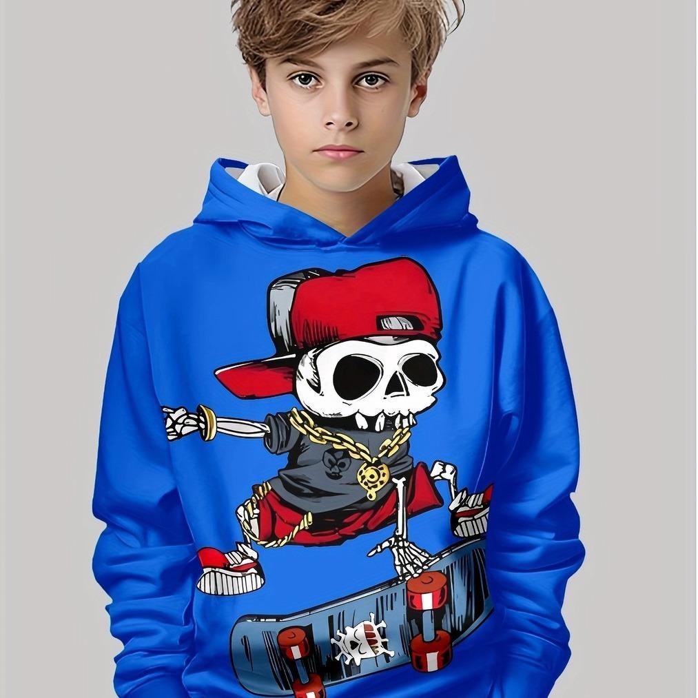 Boys' 3D printed hooded pullover - long sleeved casual sportswear, regular for autumn and winter outdoor activities
