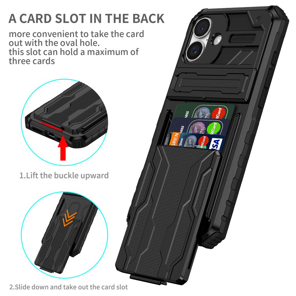 For iPhone 16 Case with Card Holder PC + TPU Phone Back Cover Kickstand