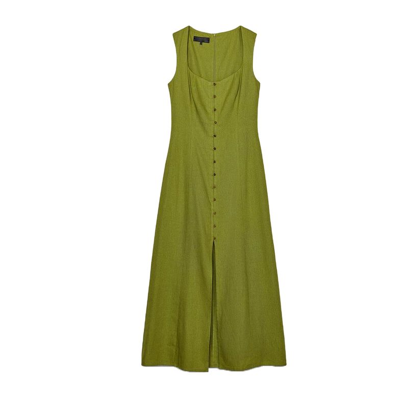 Summer Women Clothes Holiday Style Decorated Row Button Square Collar Linen Blend Midi Dress 6962030 6962029