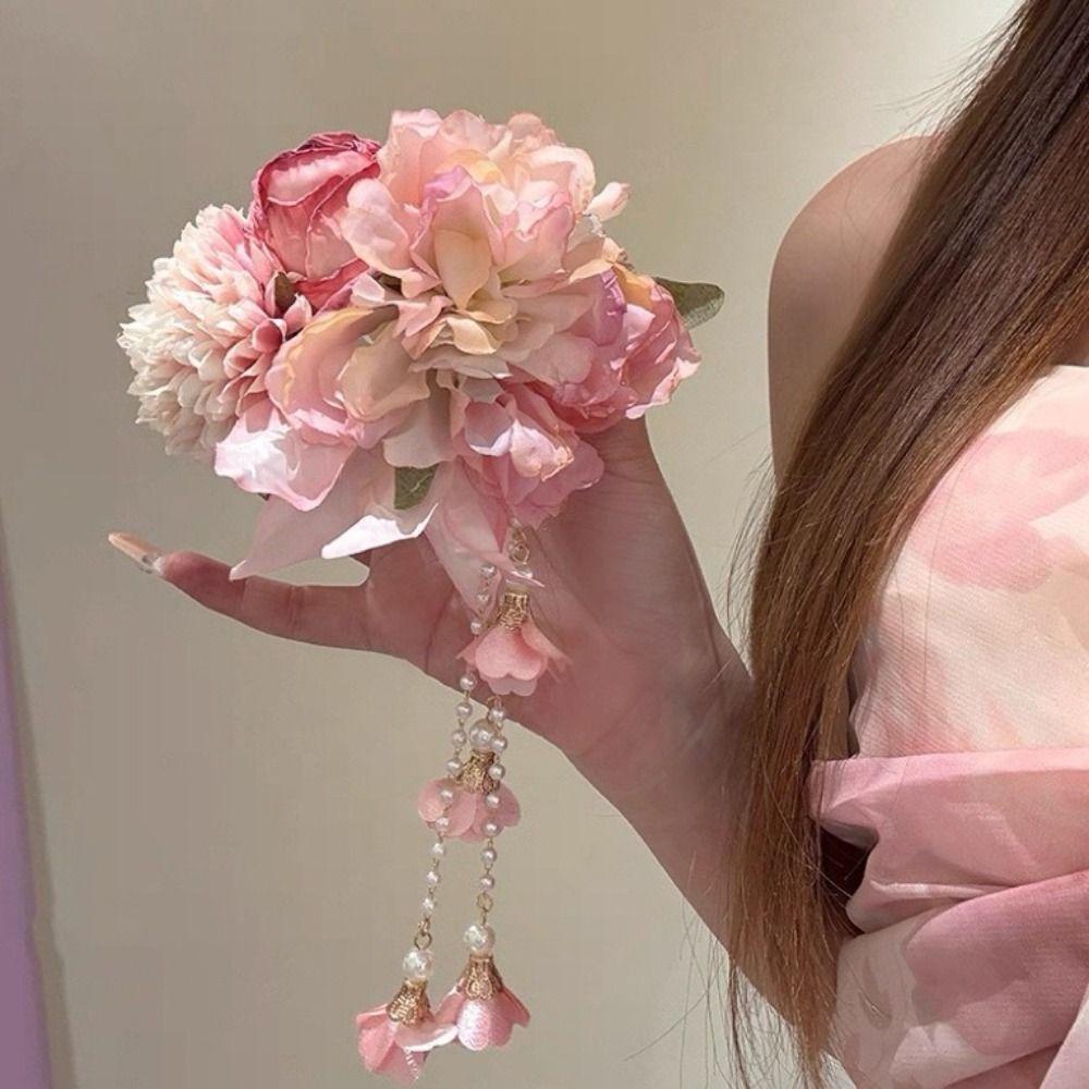 Elegant Design Flower Hairpin Pink Floral Headdress Tassel Hanfu Hair Accessories  Party Wear