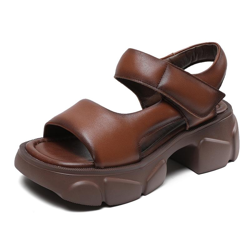 Fashion 6CM Top Layer Cowhide Square Head Open Toe Sandals Platform Elevator Shoes High Heel Sandals 2025 Summer Women Sandals Tide