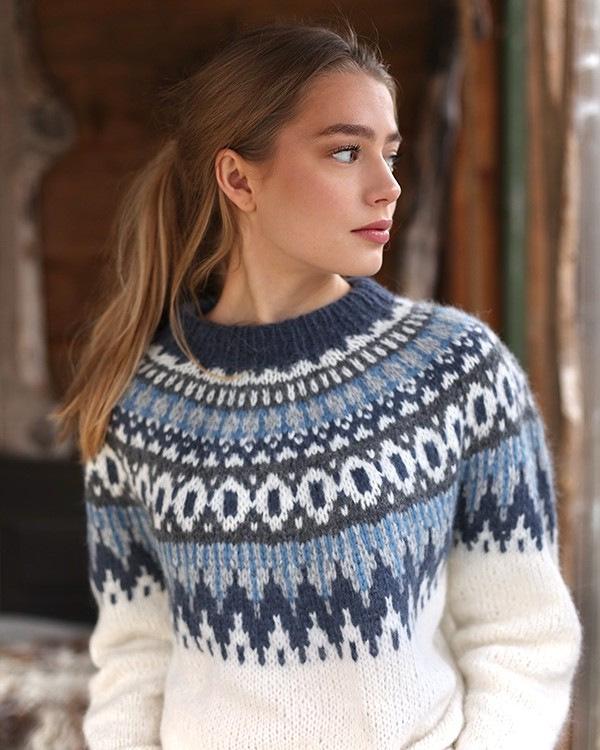 Women's Elegant Round Neck Long Sleeve Color Block Knit Sweater