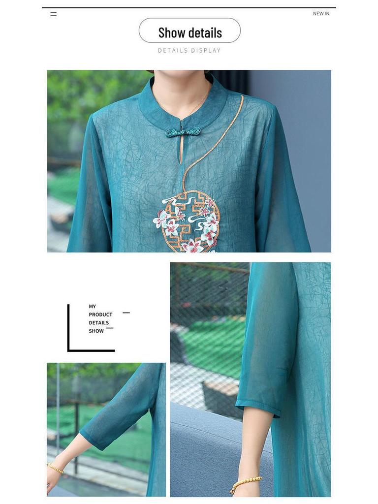 2022 Embroidered Chiffon Cheongsam Hanfu Dress - Summer Ethnic Style for Middle-Aged & Elderly Mothers