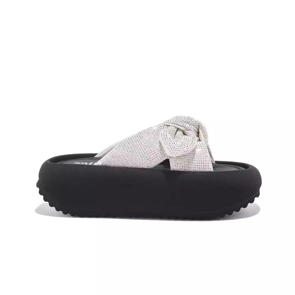 Rhinestone bow one-word drag women's summer new wear versatile sandals thick-bottomed beach slippers