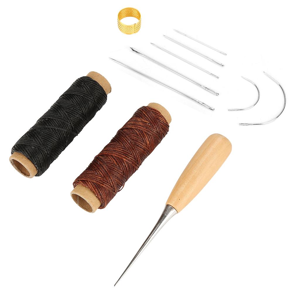 Sewing Kit Waxed Cord Thread Hand Needle with Awl Thimble Ring for DIY Shoe Bag Repair