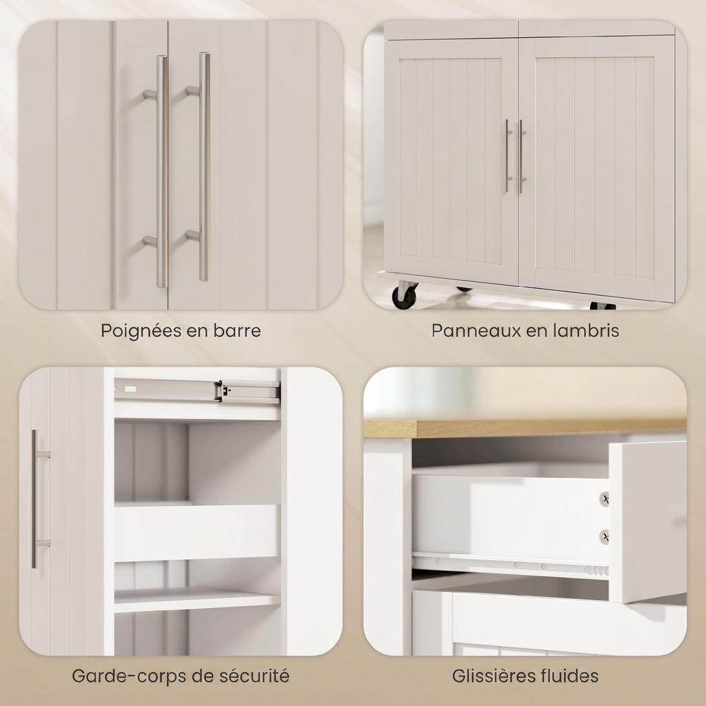 Kitchen Island, Fold-Down Countertop, Casters, 2 Drawers, Soft-Close Doors, Towel Rack, White