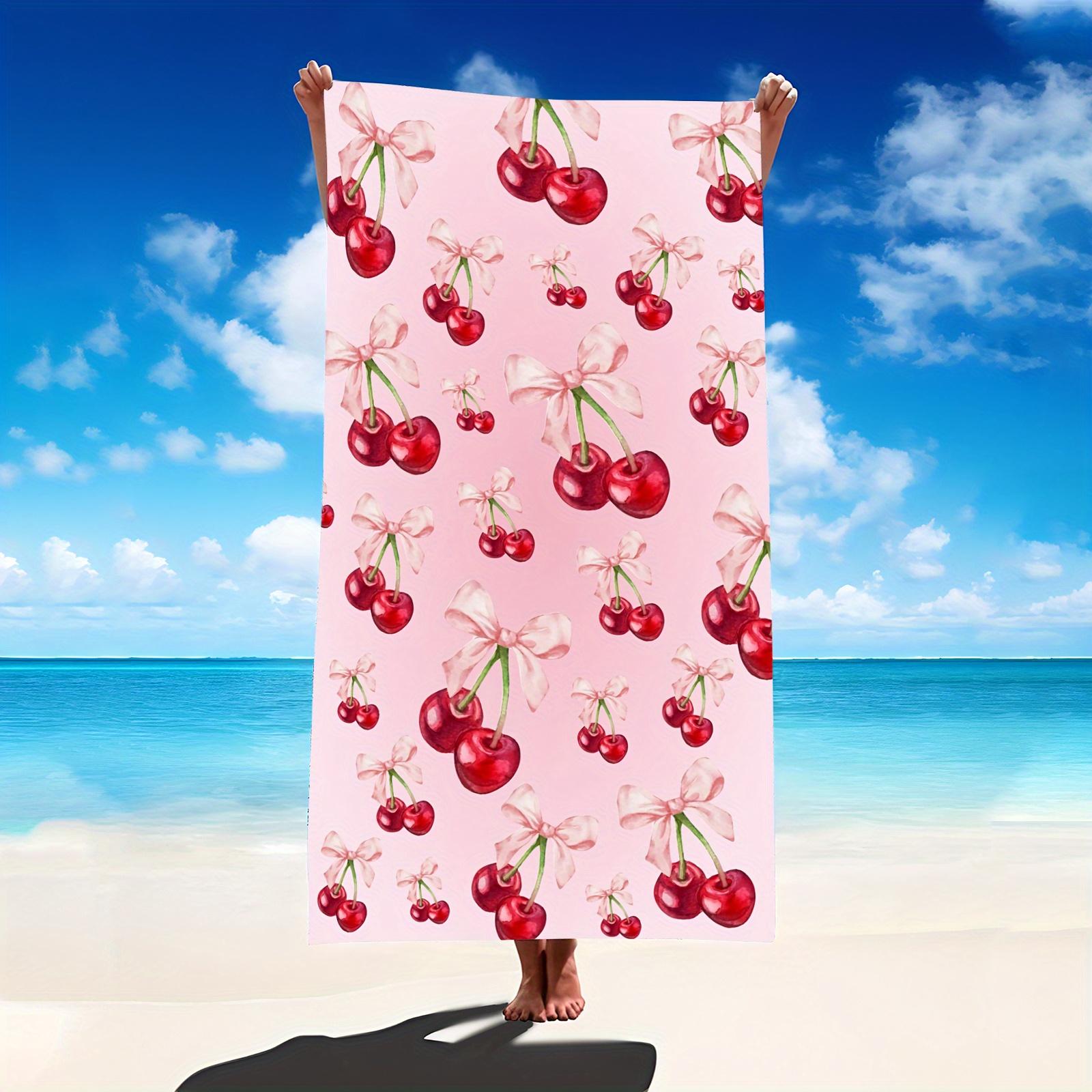

Cherry Blossom Design Oversized Microfiber Bath Towel, Pink Base Red Cherries White Bow for Beach Pool Yoga W30*H60(CM)