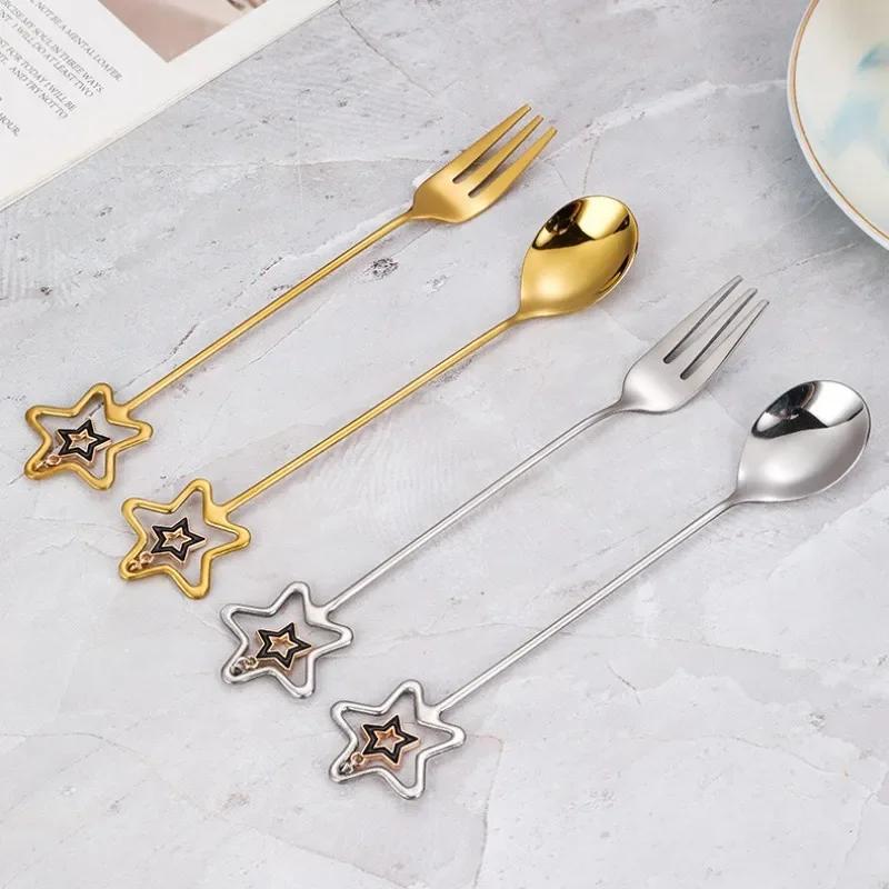 304 Stainless Steel Mixing Spoon with Long Handle Love Heart Star Shape Pendant Fruit Yogurt Honey Mixing Fork Kitchen Tableware