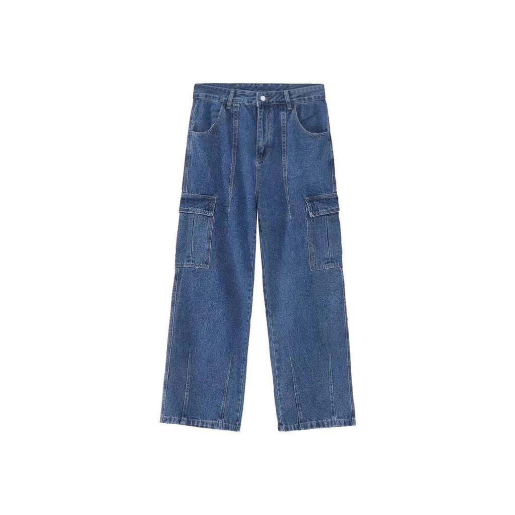 American street splicing big pocket retro vintage loose casual tooling denim wide-leg pants washed and versatile