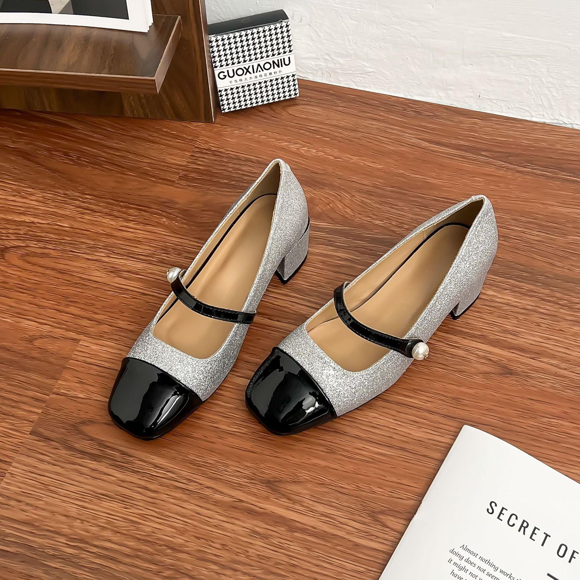 

Grape mother 2025 spring new Mary Jane high heels women wear high-end thick heels single shoes color matching shoes women 40 серебряный