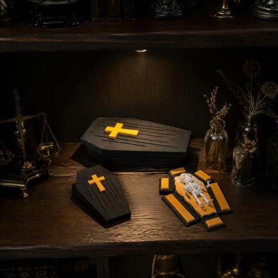 Folding Coffins Figurine 3D Printed with Skeleton Ornament, Miniature Articulated Statue, Gothic Window Decor Dark Desktop Decoration for Halloween