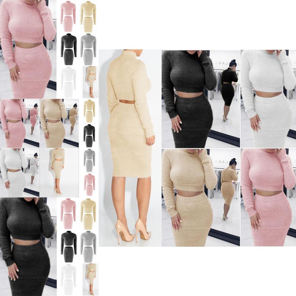 Stylish 2pcs/set Winter Sexy Womens Sweater Dress Bodycon Crop Top And Skirt Set