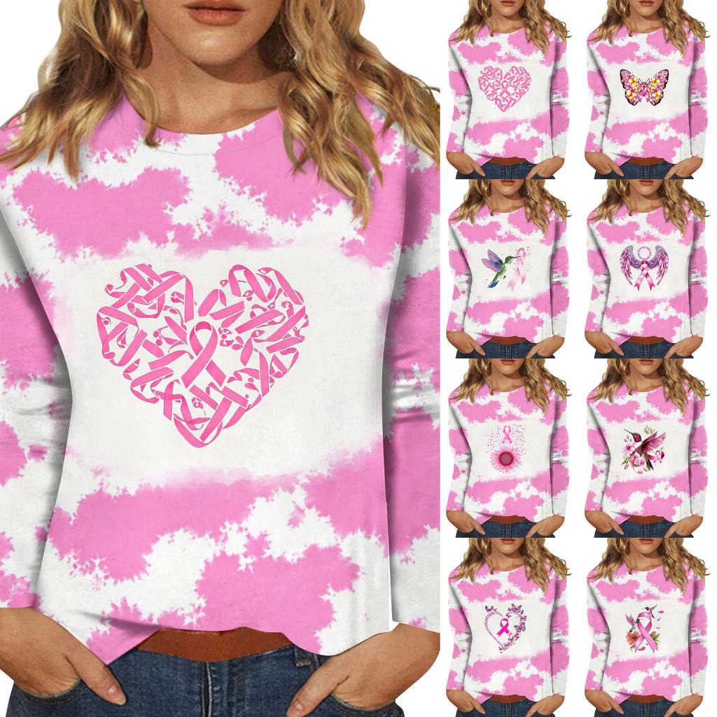 Women's Casual Long Sleeve T-Shirt with Ribbon Print Round Neck Top for Everyday Wear