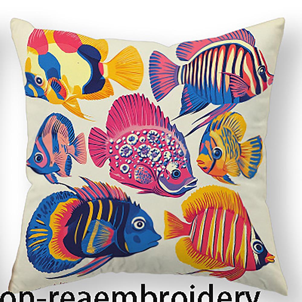 1/4pcs 2D Flat- Boho Folk Art Colorful Fish Print Square Throw Pillow Cover Home farmhouse outdoor decoration cushion cover