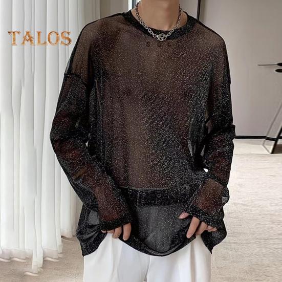 Mesh-Oberteil für Männer, dünn, durchsichtig, glänzendes Pailletten-Netz, O-Ausschnitt, lange Ärmel, einfarbig, dehnbar, lockere Passform, muskelaufbauend, Party, Homewear, Club, Tanz