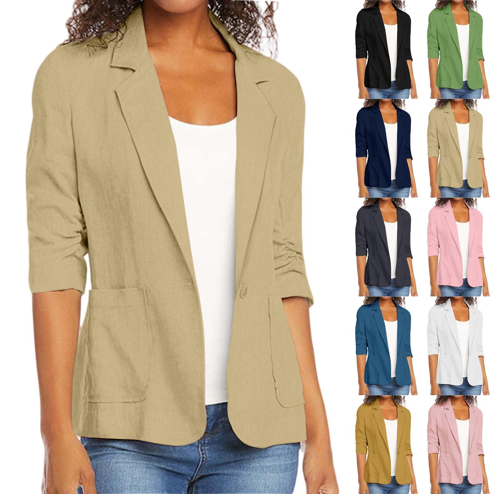 

Women s Fashionable Solid Color 3/4 Sleeved Pocket Suit With Lapel Style Casual Jacket XL жовтий