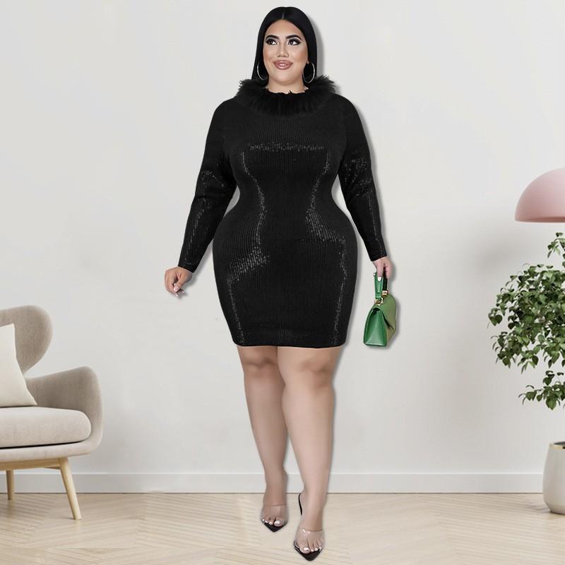 Plus Size Womens Velvet Dress With Faux Fur Collar Embellished Sequins Streetwear Long Sleeve Short Skirt Fashion